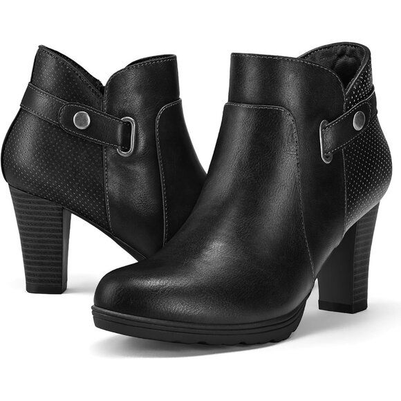 ⚡Women's Black PU Zipper Booties Chunky Stacked Heel Ankle Boots Strap Ankle - Picture 1 of 4